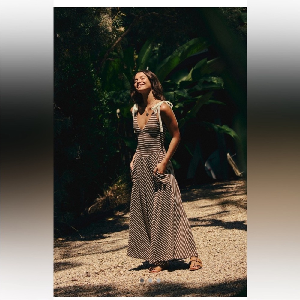 Brown & White Striped Tie Strap Midi Dress